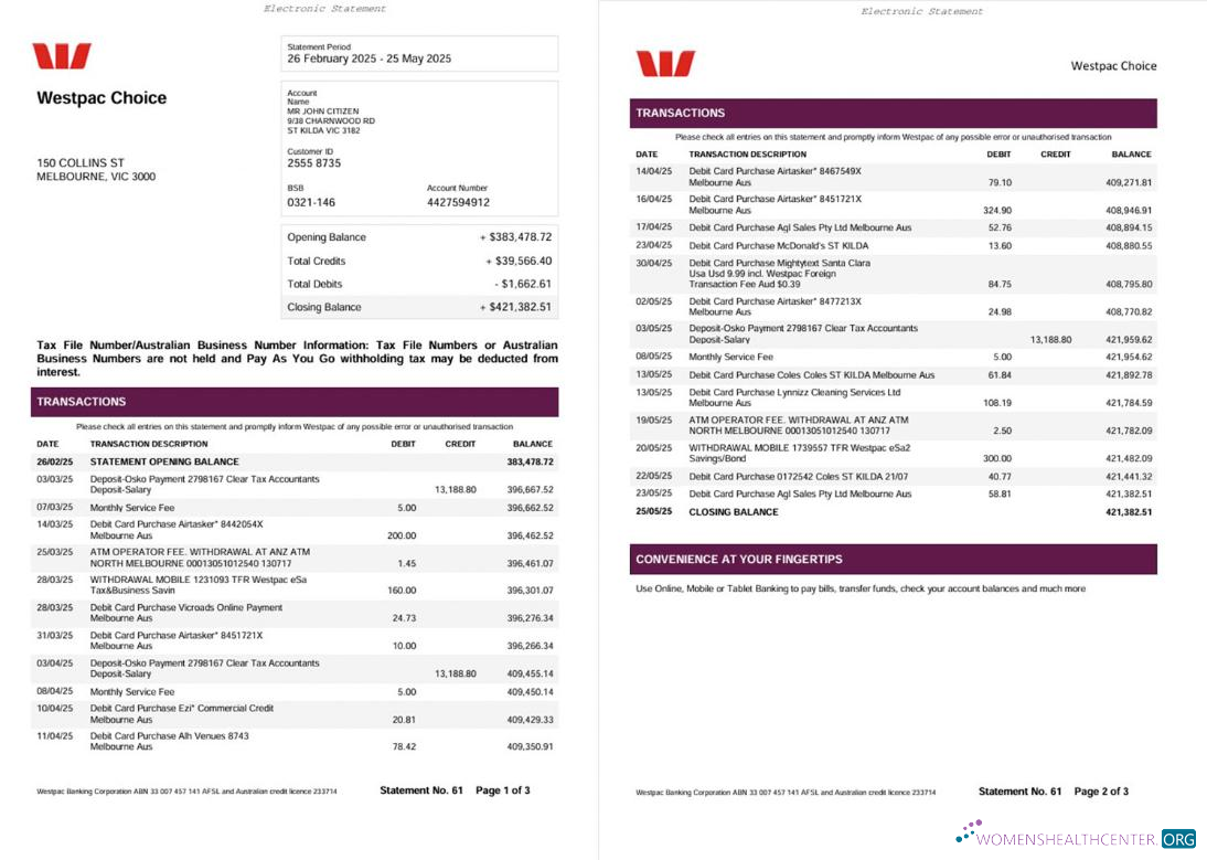 Download Australia Westpac Bank Statement 3 pages word